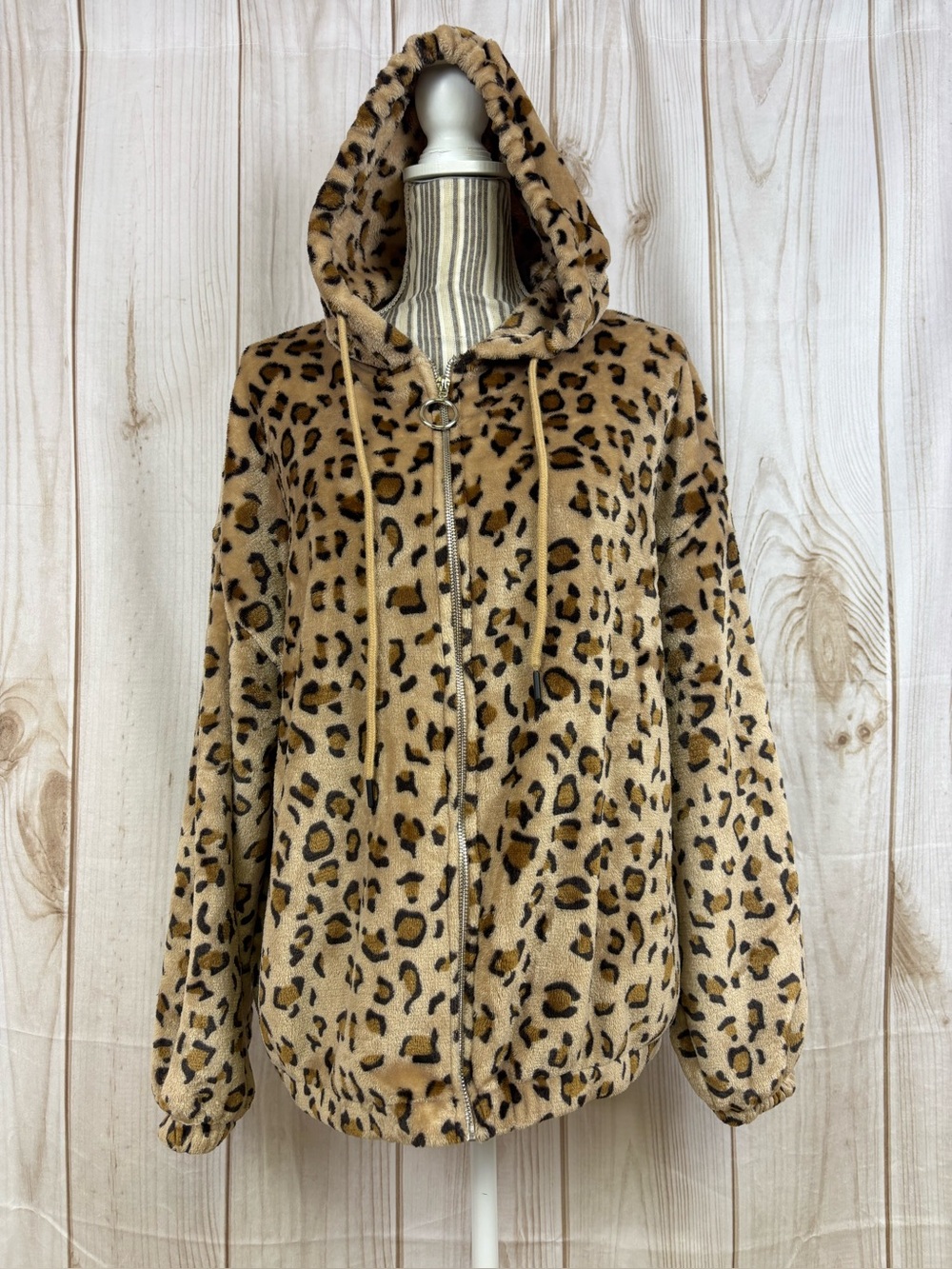 Cozy Leopard Print Jacket Hooded Faux Fur Full Zip Soft Comfy Tan Black Size 2XL